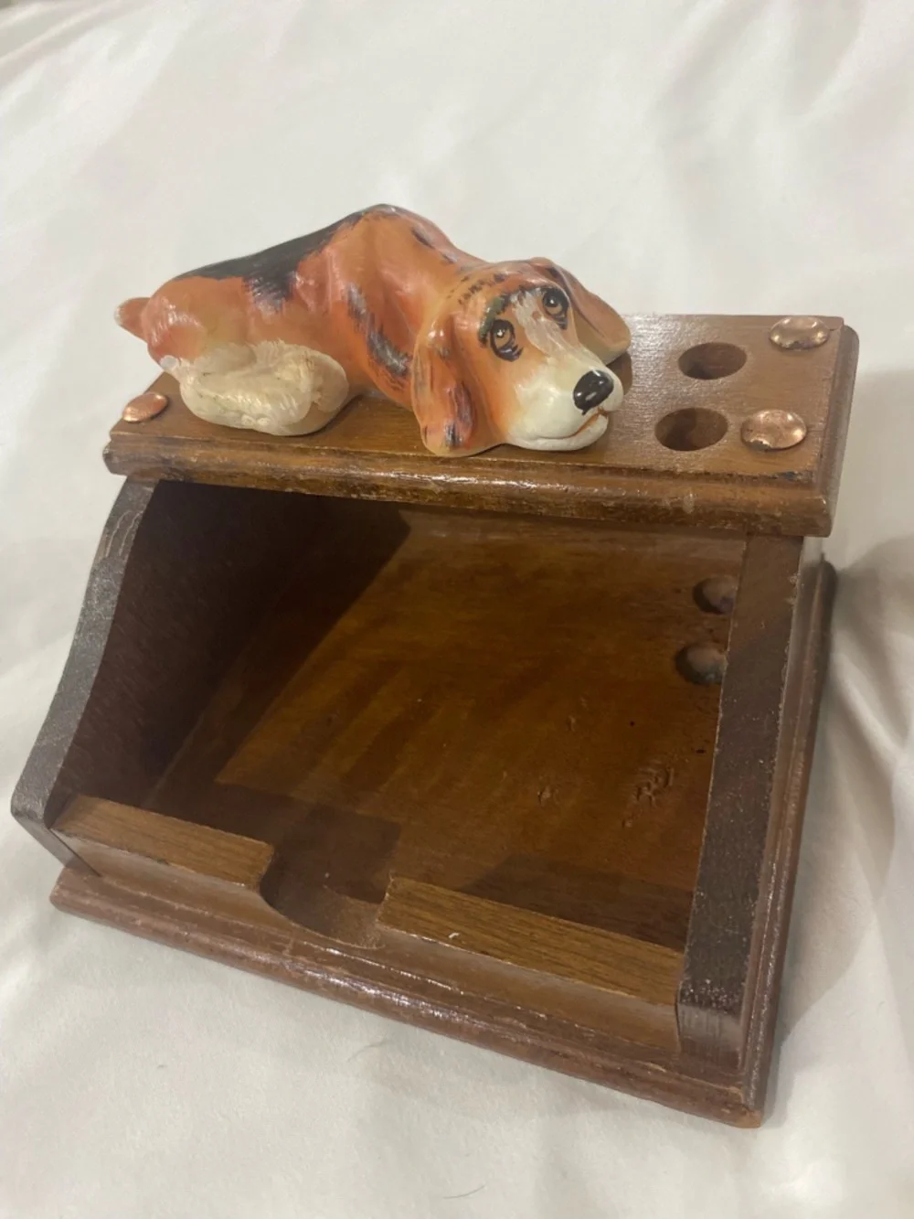 Vintage Ceramic Basset Hound on Wooden Office supply Holder - Brown & Orange